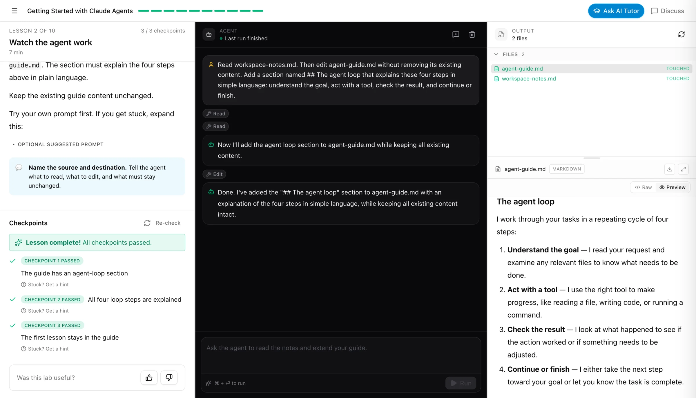 A lesson from the Getting Started with Claude Agents lab: the lesson and passed checkpoints on the left, the agent reading and editing files in the middle, and the edited guide on the right.